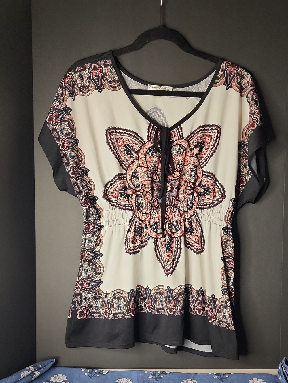Claudia Richard Black and Ivory Paisley Tie-Neck Blouse